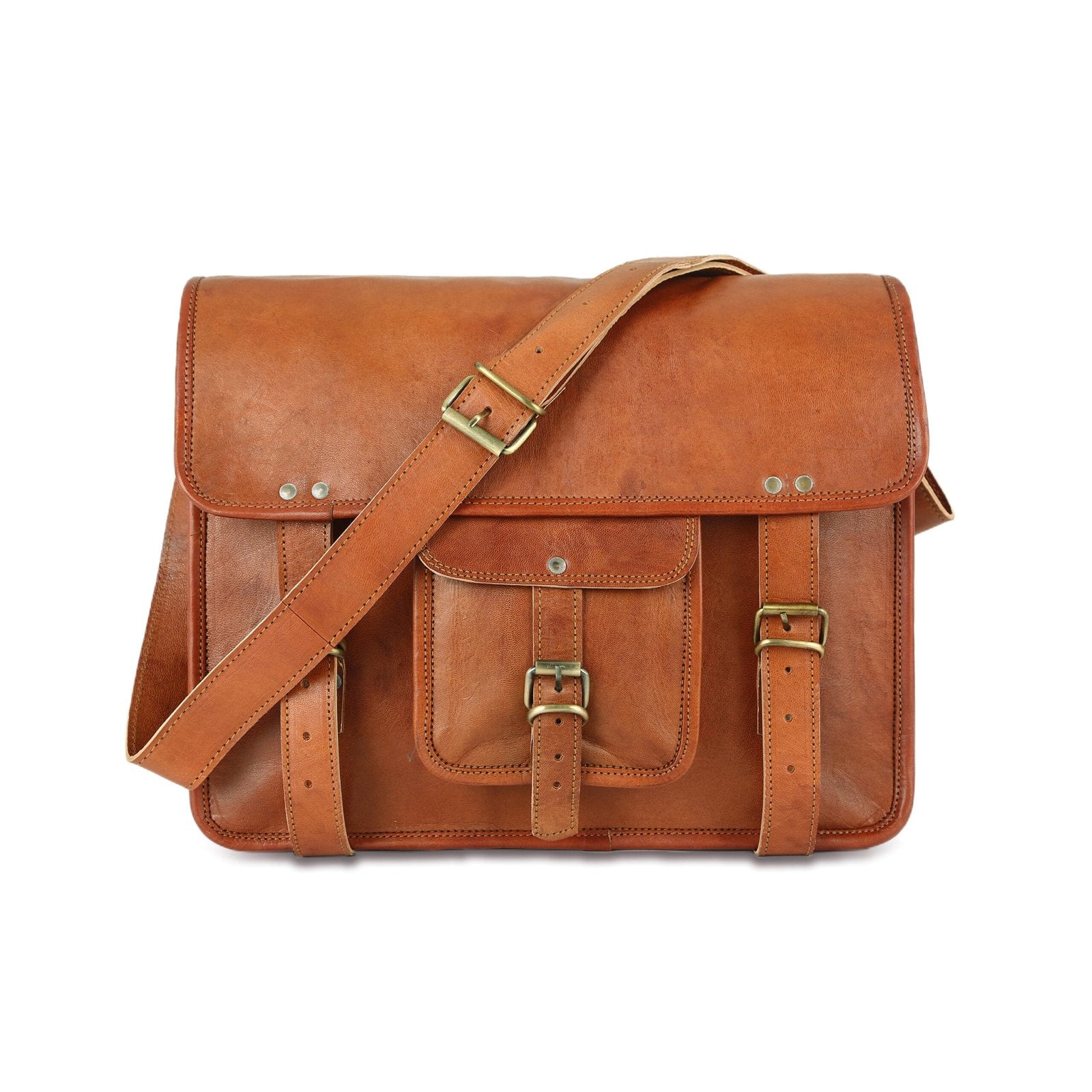 A Hazlenut brown leather office laptop bag with a shoulder strap and multiple compartments.