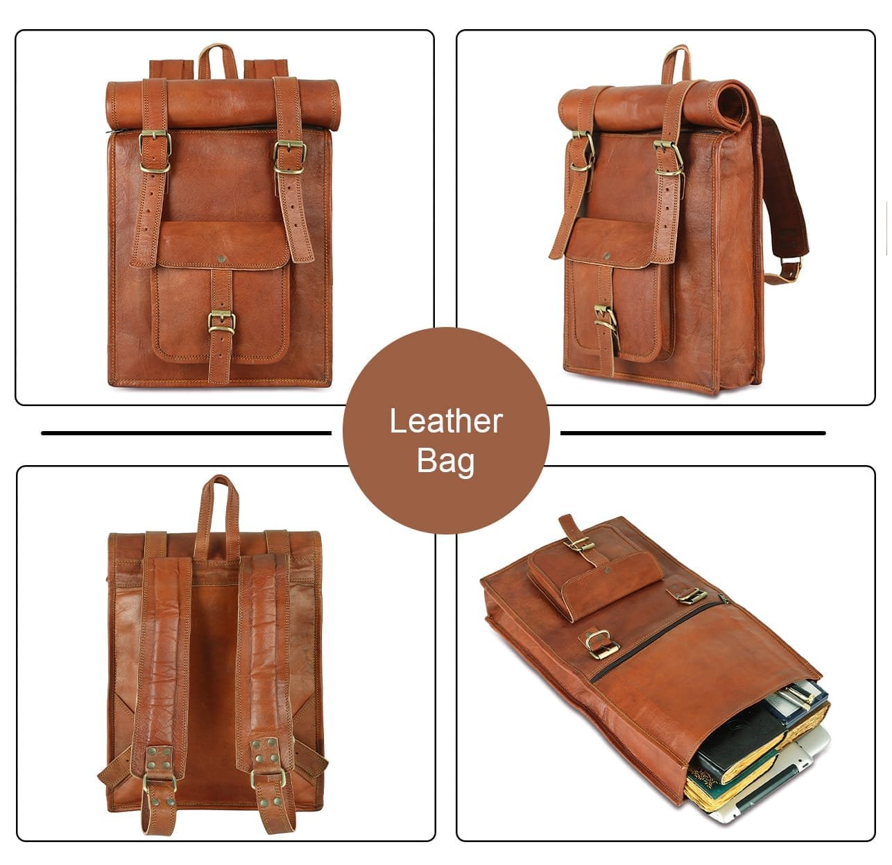 Brown Leather Roll On Backpack