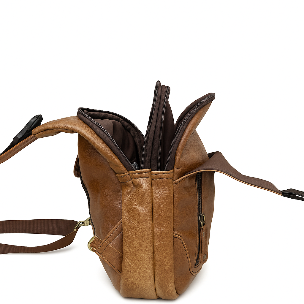 Leather Sling Cross Body Travel Bag with Metal Zippers Sling Bag Messenger Bag for Unisex-Tan