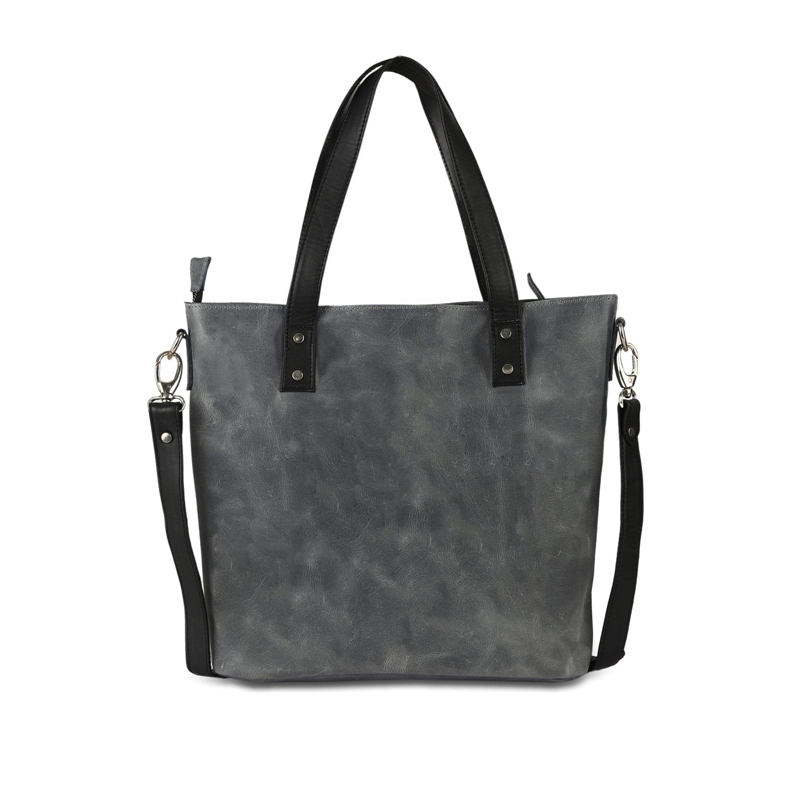 A Grey leather tote handbag for womens with shoulder straps, displayed against a plain background.