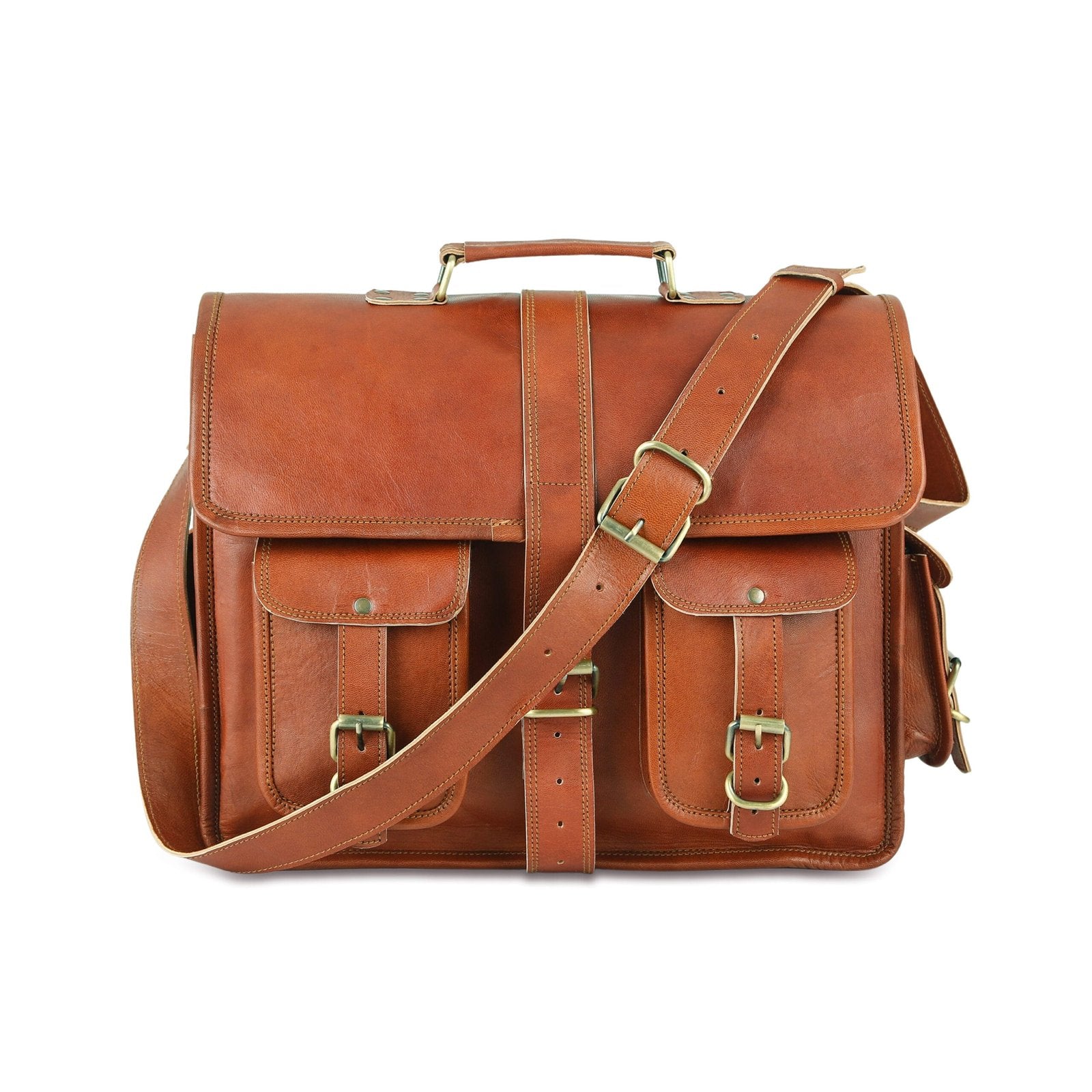 A brown leather office laptop bag with a shoulder strap and multiple compartments, displayed against a plain background.
