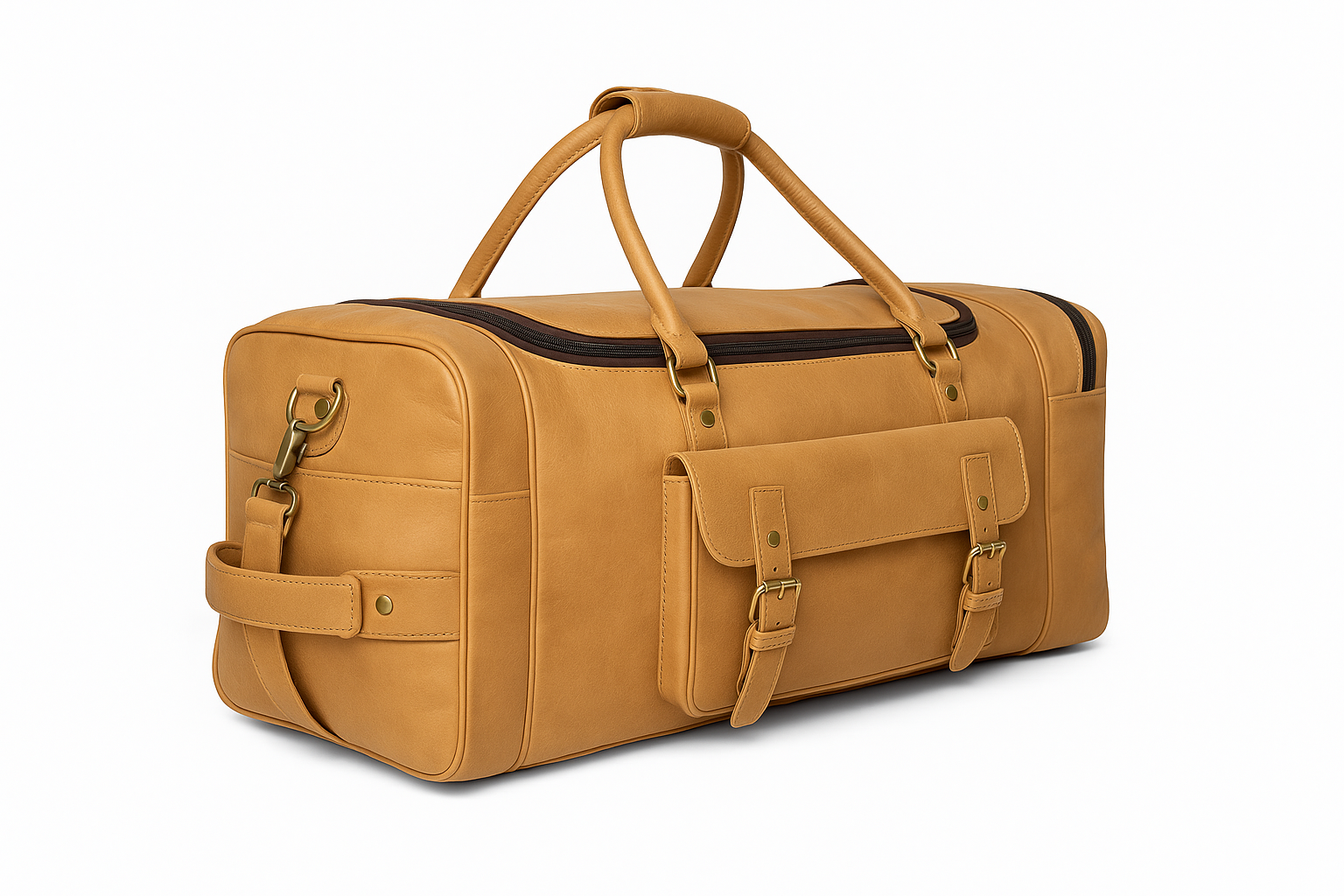 A tan-colored, 24-inch genuine leather duffle bag with brass fittings, top handles, and a detachable shoulder strap.