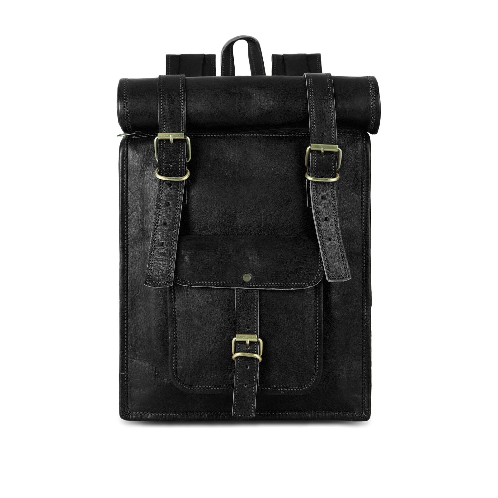 Black Leather Roll On Backpack