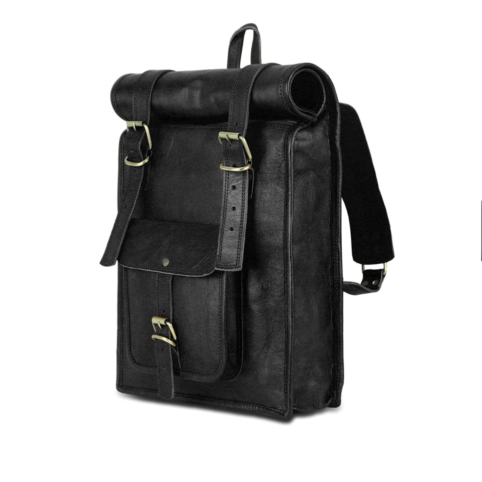 Black leather roll-on backpack with adjustable shoulder strap and front pocket, featuring brass buckles.