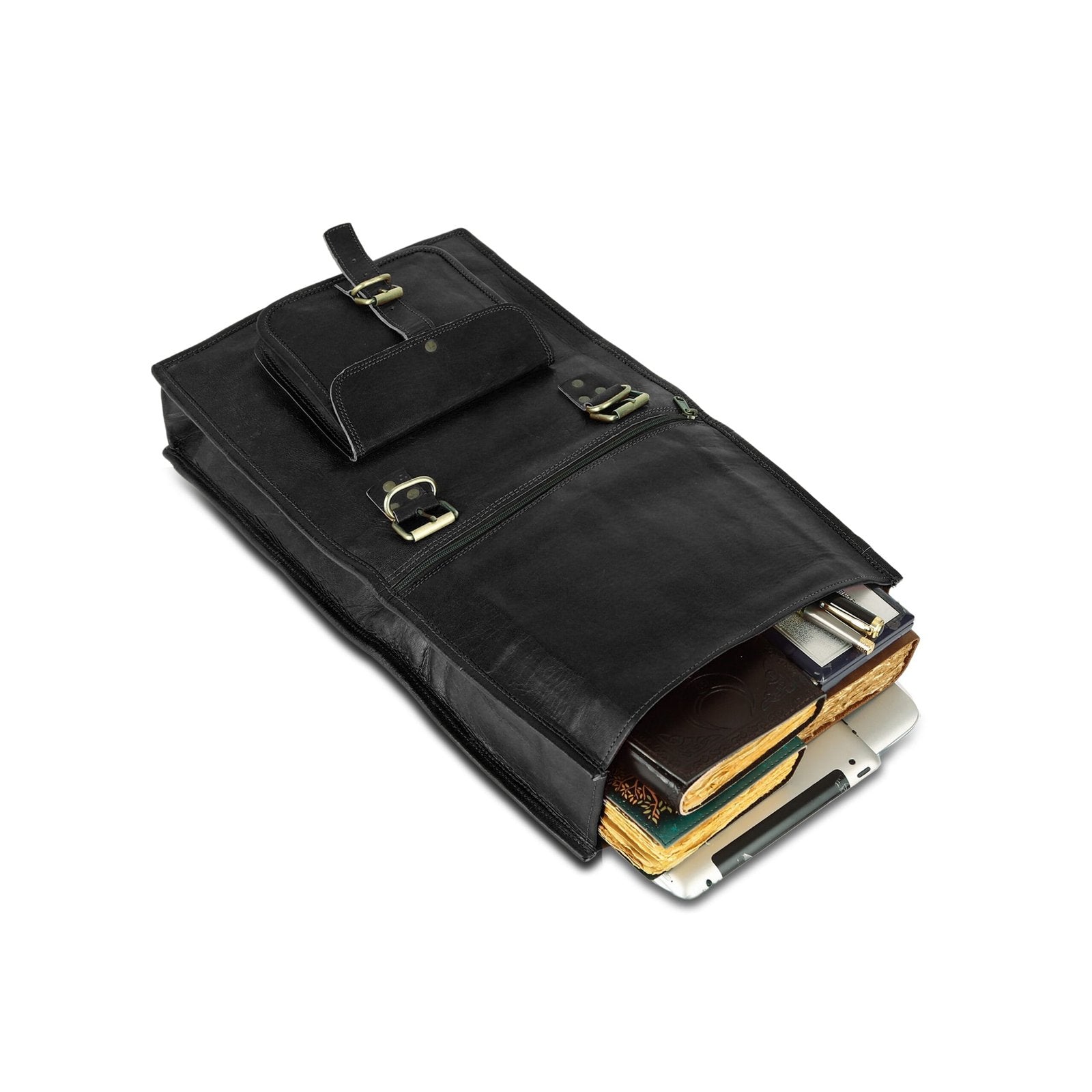 Black Leather Roll On Backpack