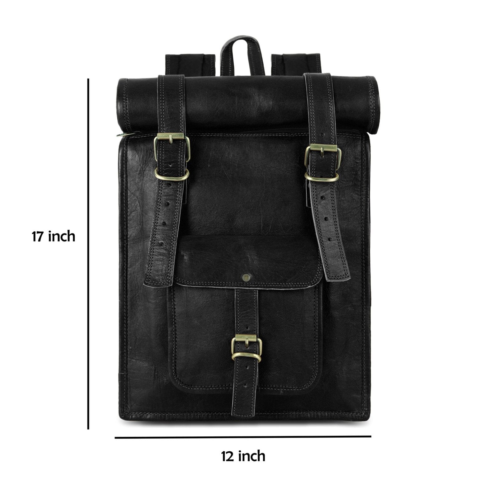 Black Leather Roll On Backpack