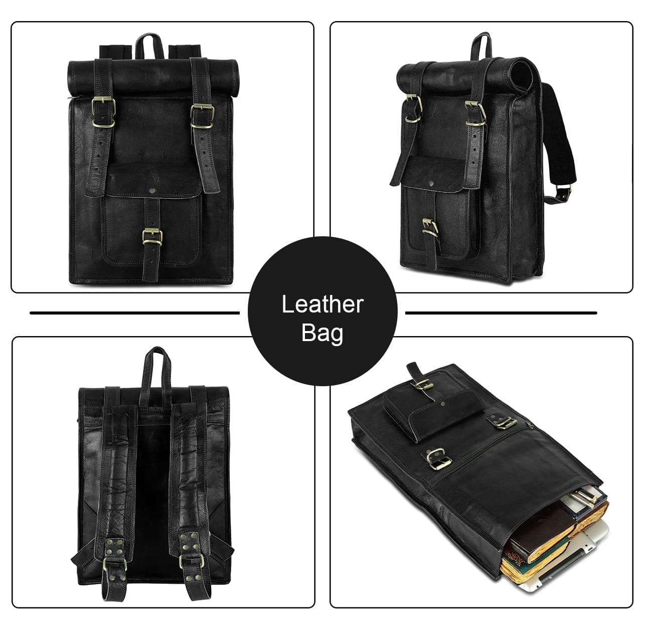 Black Leather Roll On Backpack