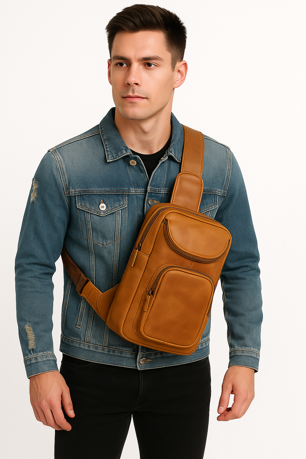 Full Grain Leather Chest Bag for Unisex – Coffee Brown Shoulder Sling Bag for Daily Commute & Travel