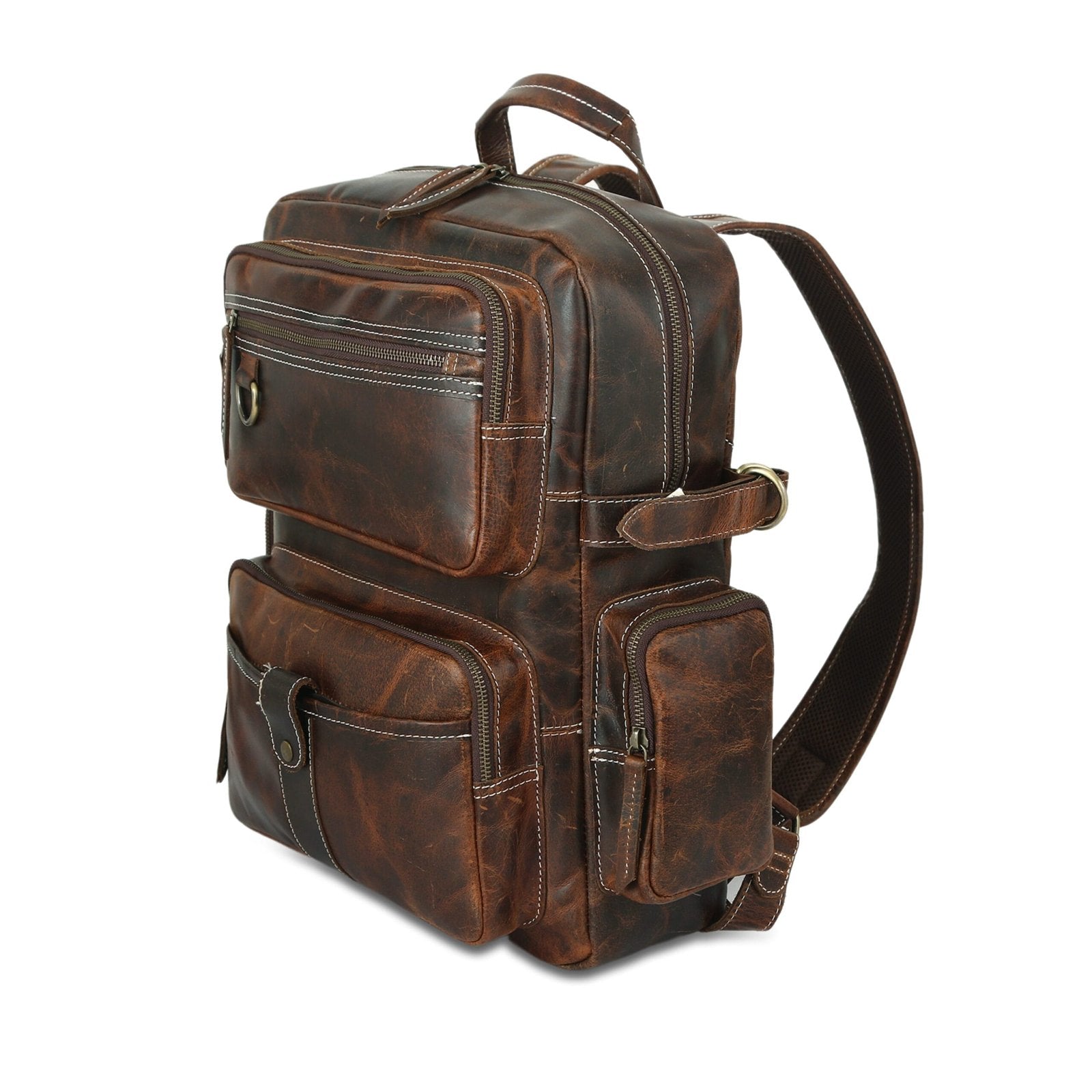 A dark brown leather laptop backpack with multiple compartments and an adjustable shoulder strap.