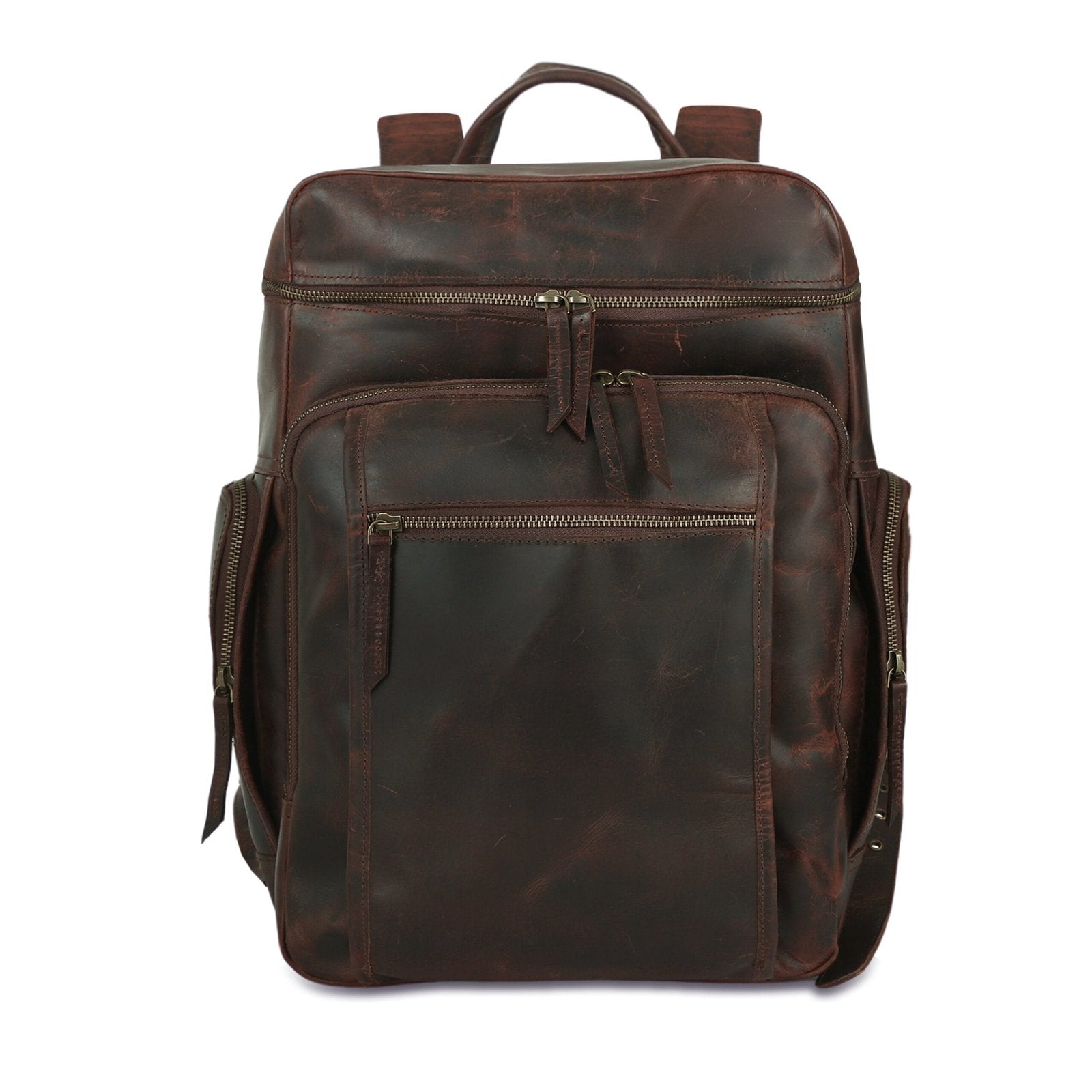 A dark brown leather backpack with multiple pockets and a main zipper compartment, displayed against a plain background.