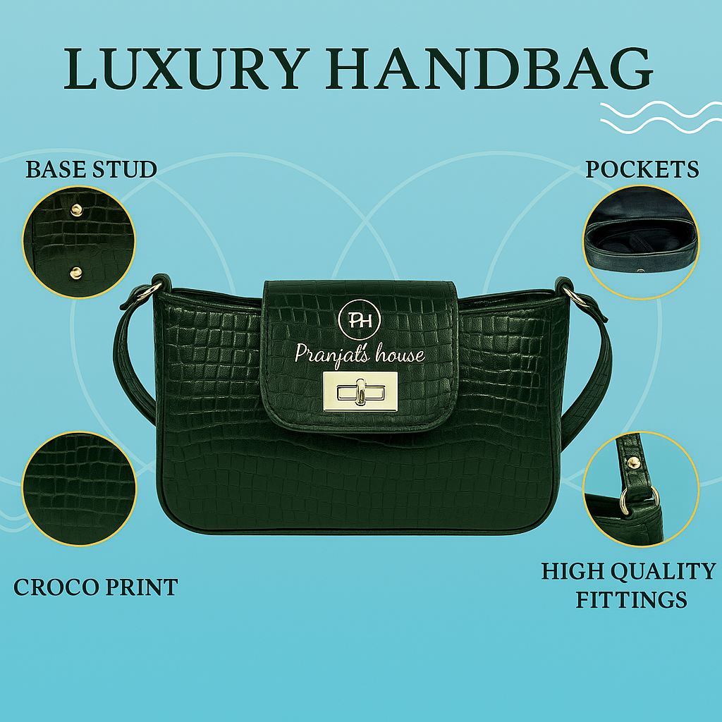 Genuine Leather Croco Design Handbag – Dark Green Shoulder Bag for Women