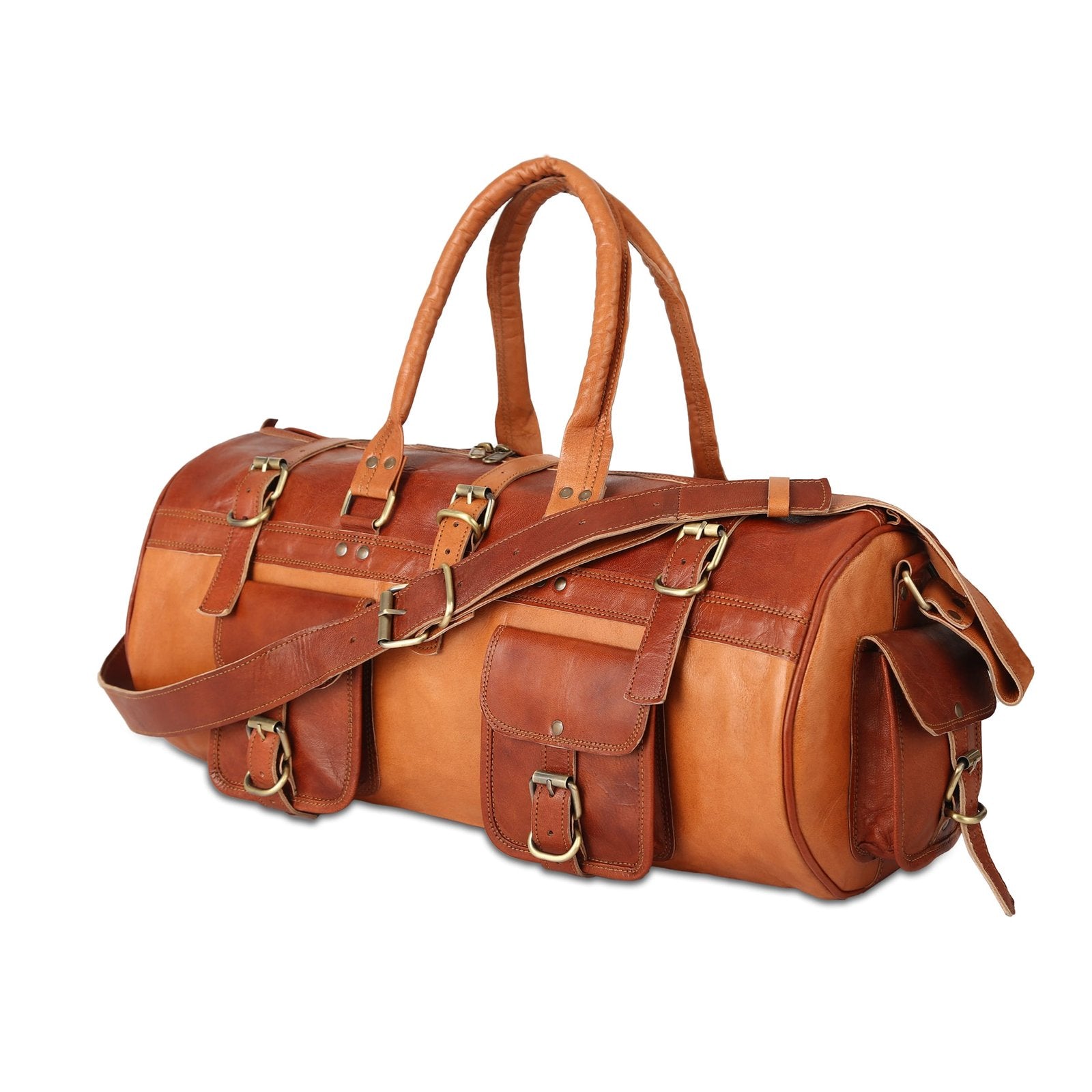 A Hazlenut brown leather duffle bag with two handles and a detachable shoulder strap, featuring multiple buckles and pockets.