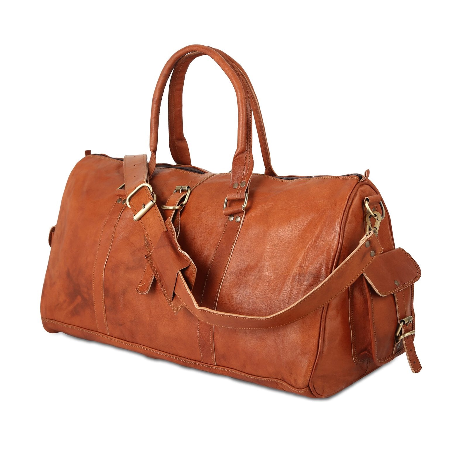 A brown leather duffle bag with shoulder strap and web handle, featuring a vintage design.