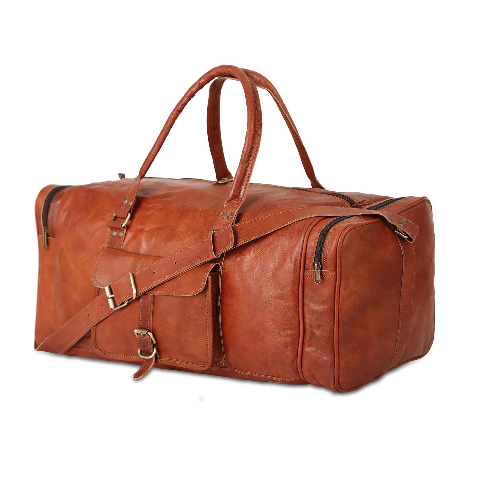 A vintage brown leather square travel duffle bag with two handles, a shoulder strap, and brass hardware.