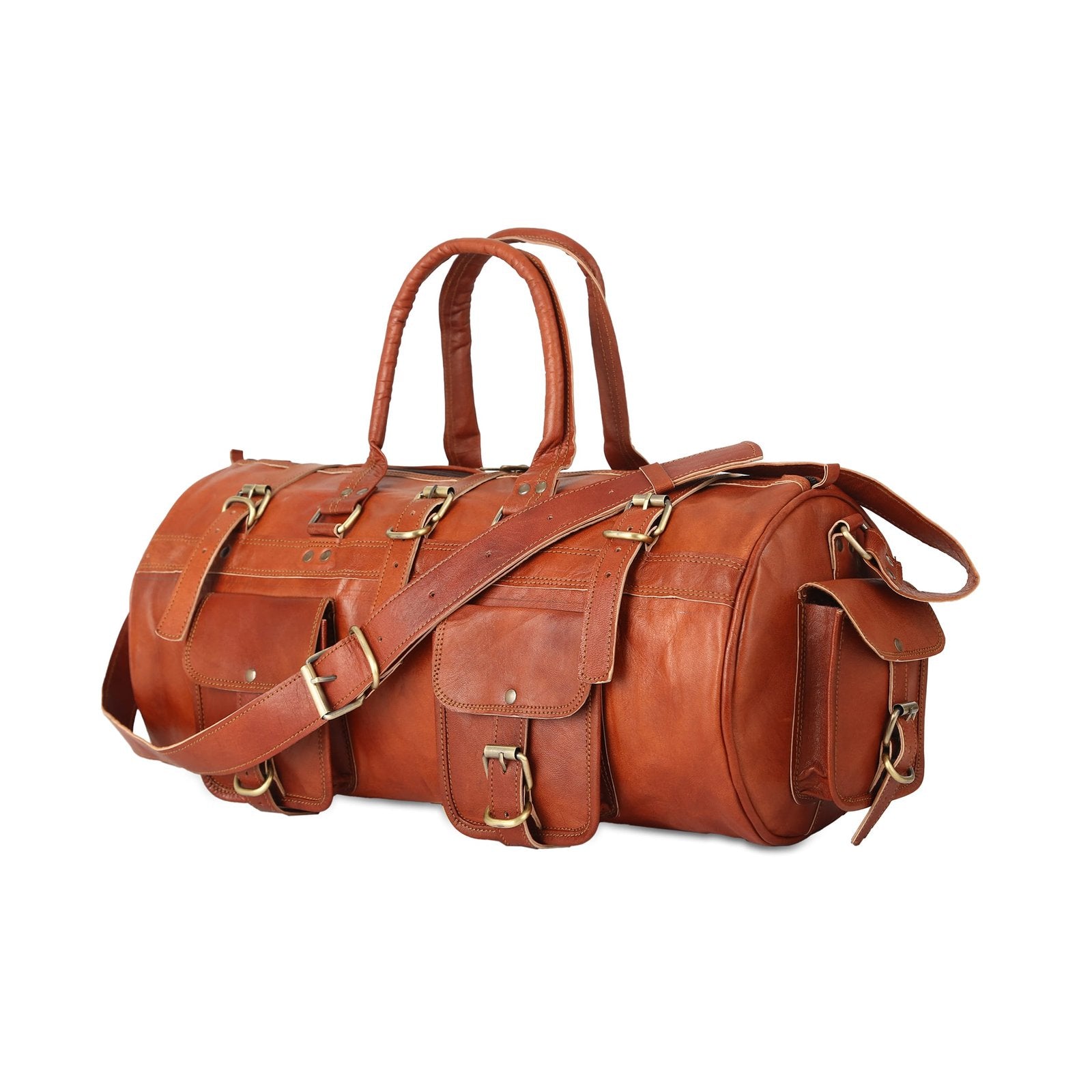 A hazlenut brown leather duffle bag with two handles and a shoulder strap, featuring multiple outer pockets and a spacious main compartment.