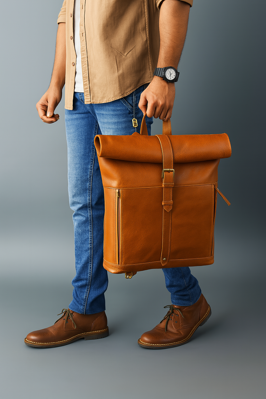 Leather Roll On Laptop Backpack 16 Inch