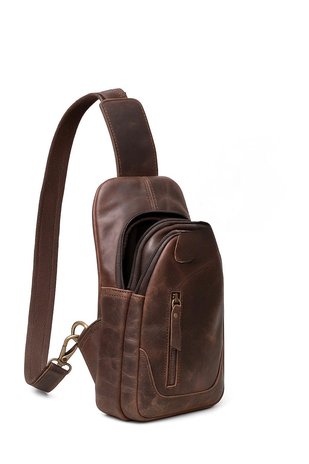 Leather Sling Cross Body Travel Bag with Metal Zippers Sling Bag Messenger Bag for Unisex