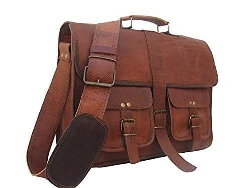 A brown vintage genuine leather office laptop bag with multiple compartments and a shoulder strap.