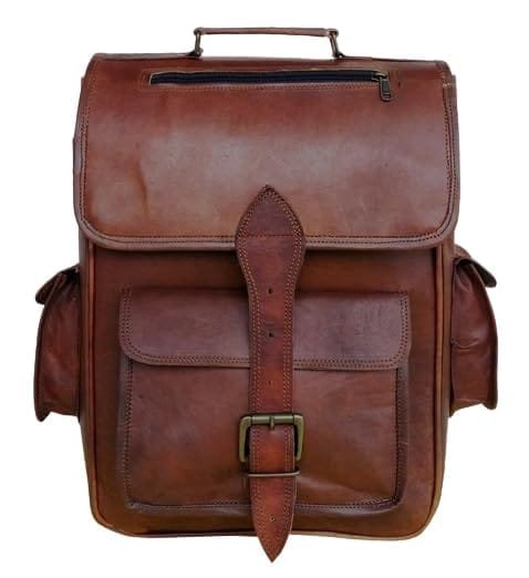 A dark brown leather vintage backpack with adjustable straps and a front buckle closure.