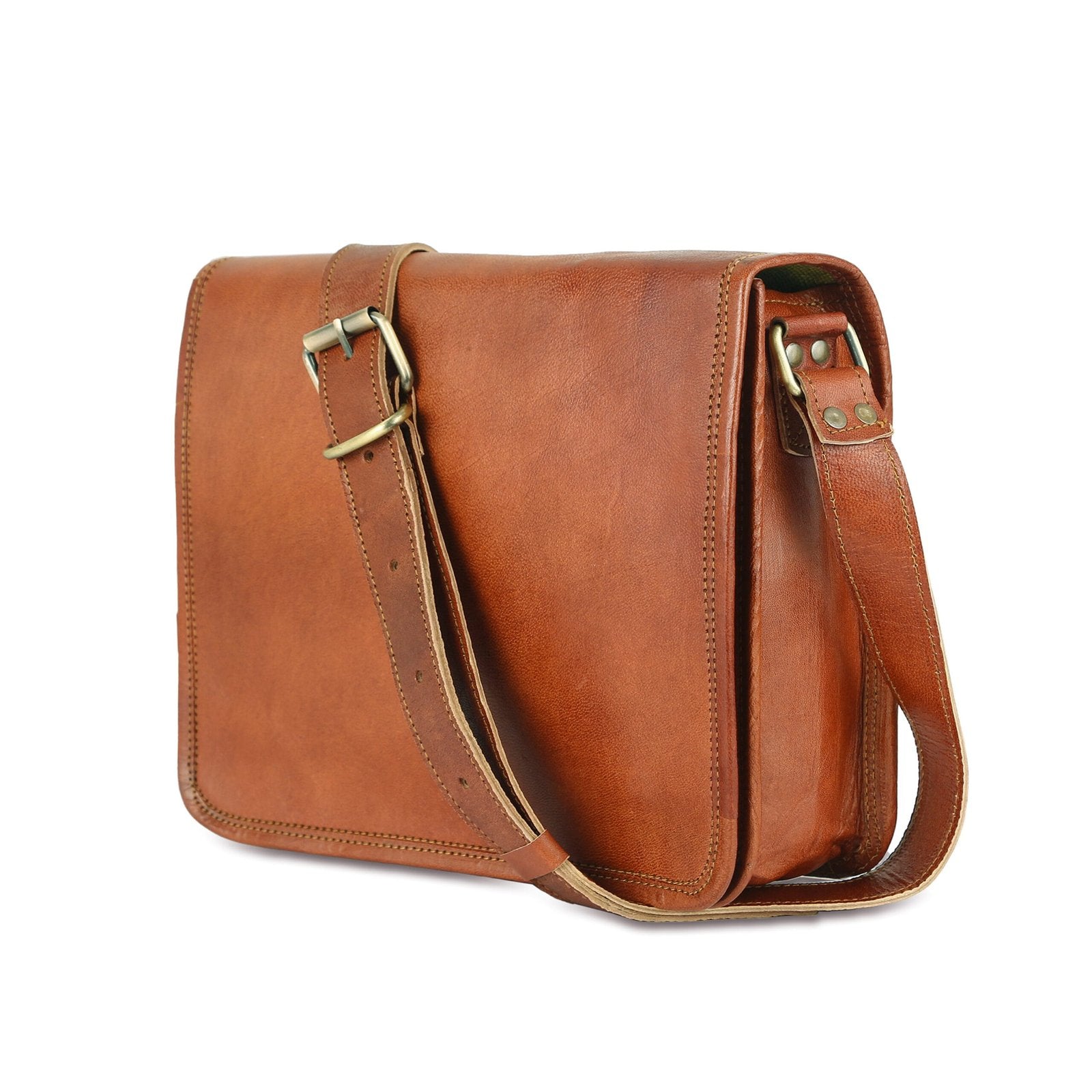 A brown leather office messenger bag with a shoulder strap and buckle closure, displayed against a plain background.