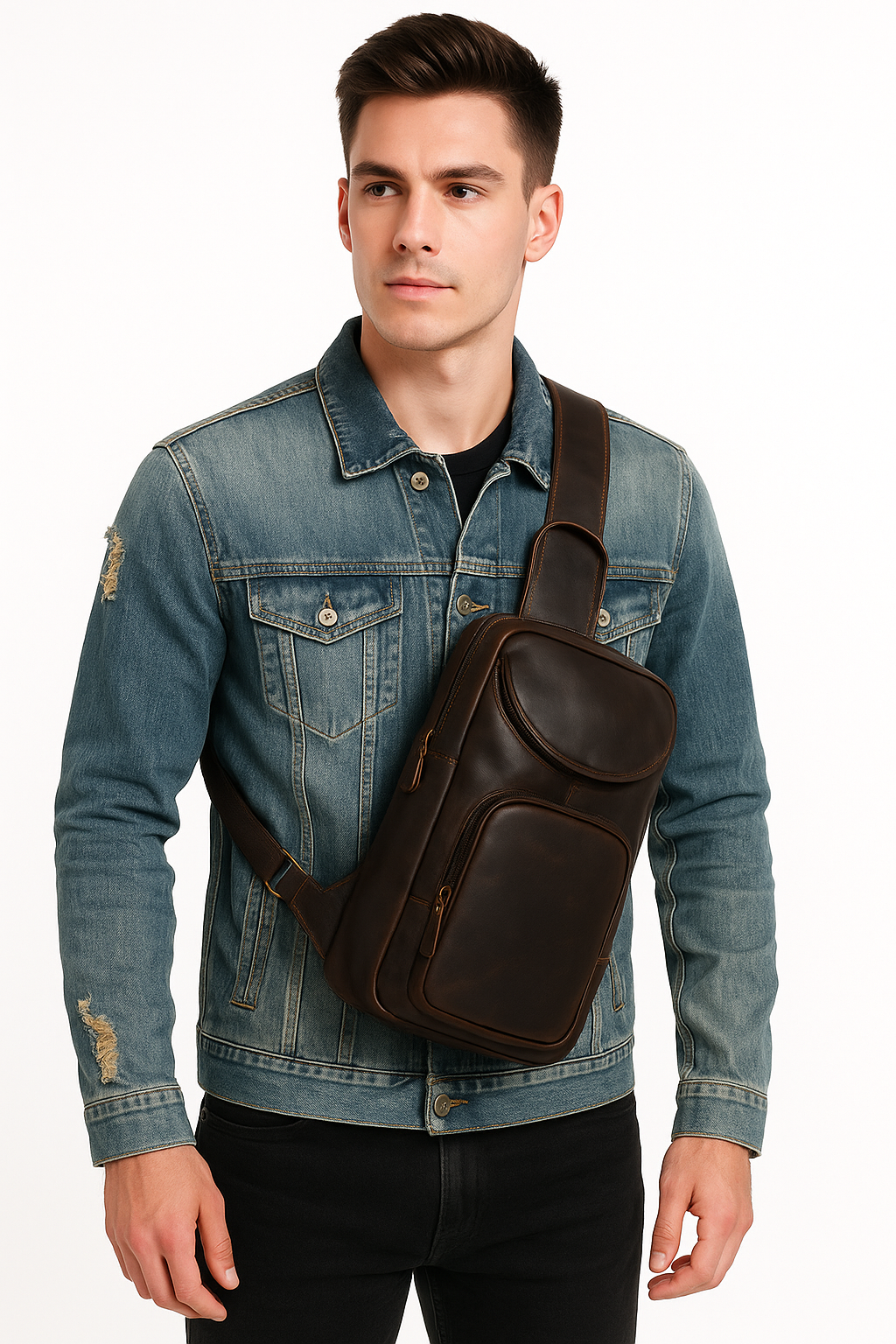 Full Grain Leather Chest Bag for Unisex –  Brown Shoulder Sling Bag for Daily Commute & Travel
