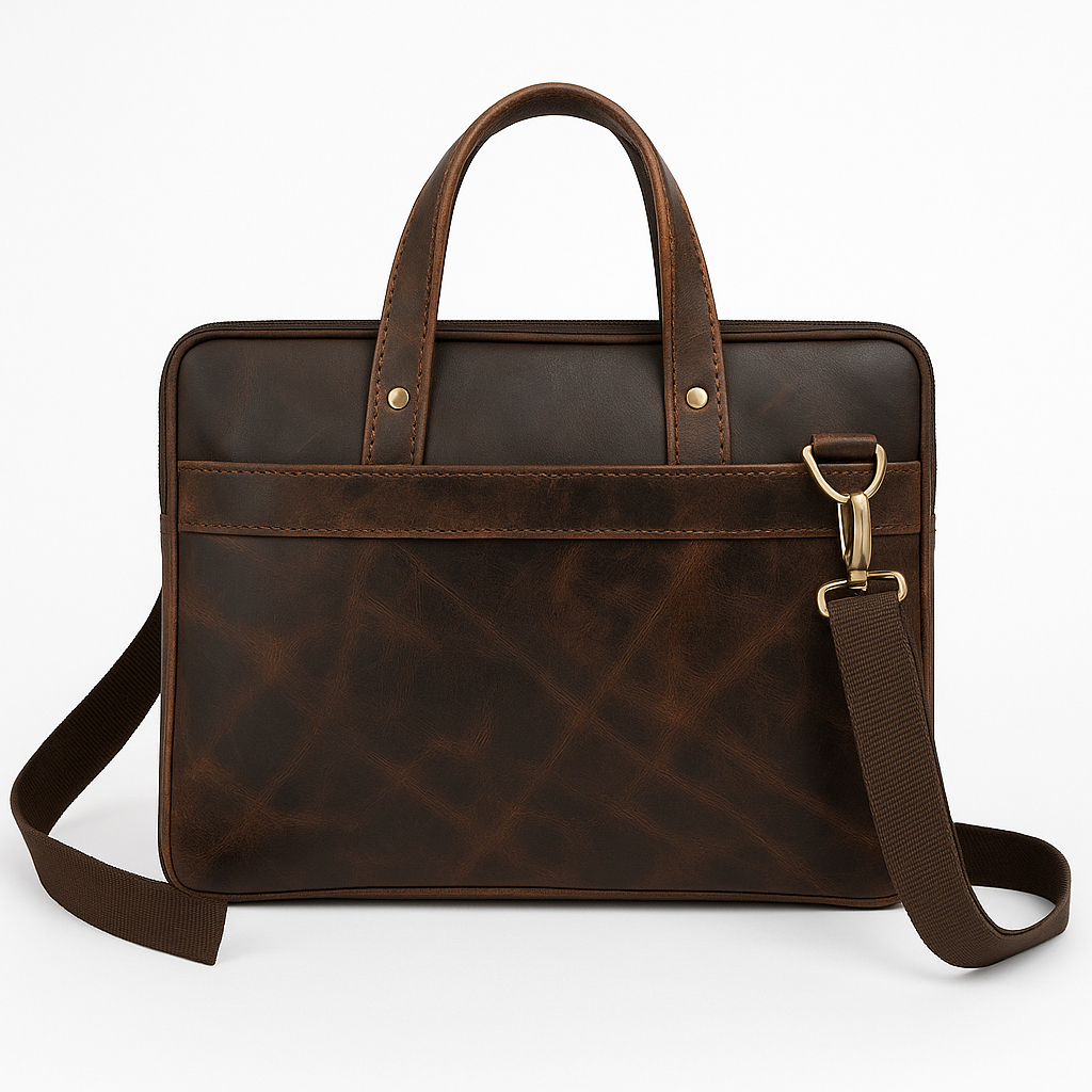 A Dark brown, crocodile-textured premium genuine leather laptop office bag with dual handles and a detachable strap.