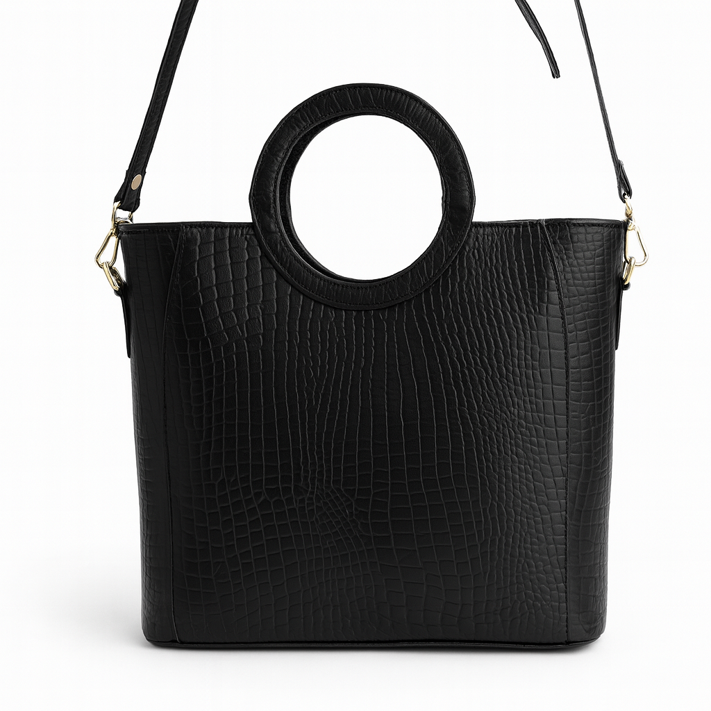 Women’s Black Croco Leather Bag | Round Handle Tote Purse