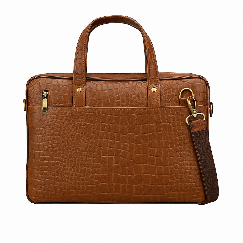 A brown crocodile-textured premium genuine leather handheld office laptop bag with dual leather handles and a detachable strap.