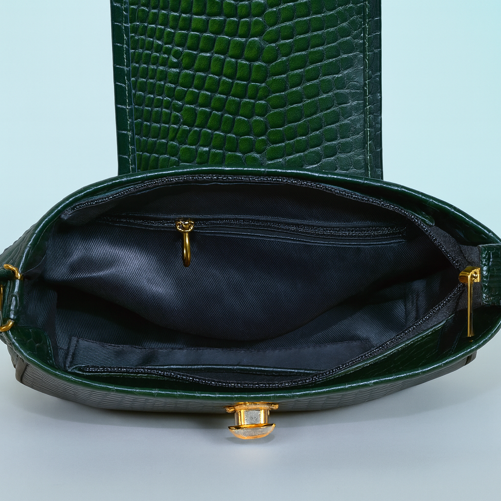 Genuine Leather Croco Design Handbag – Dark Green Shoulder Bag for Women