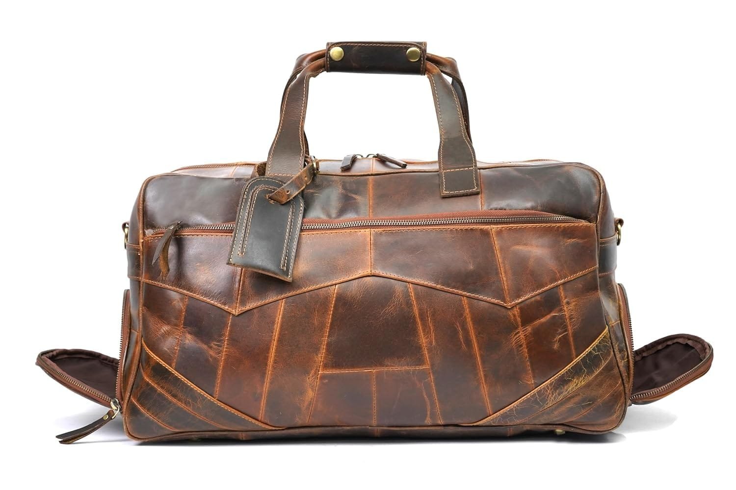 Leather Travel Duffle Bag with Shoe Pockets Brown