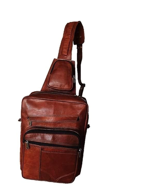 A dark brown leather crossbody backpack with multiple compartments and a adjustable strap, displayed against a plain background.