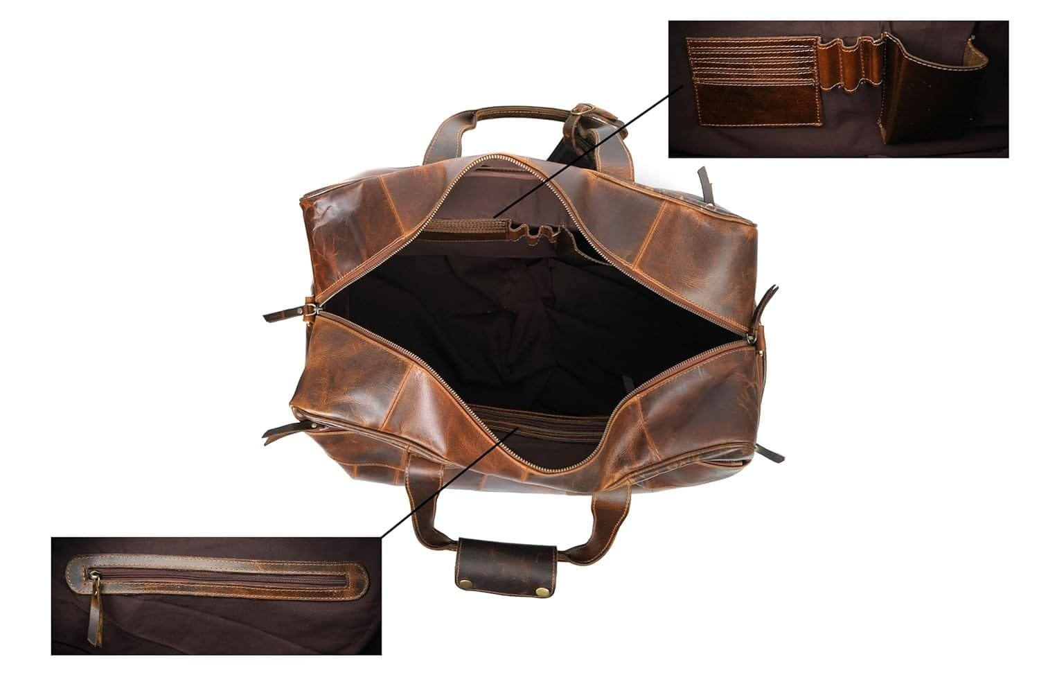 Leather Travel Duffle Bag with Shoe Pockets Brown