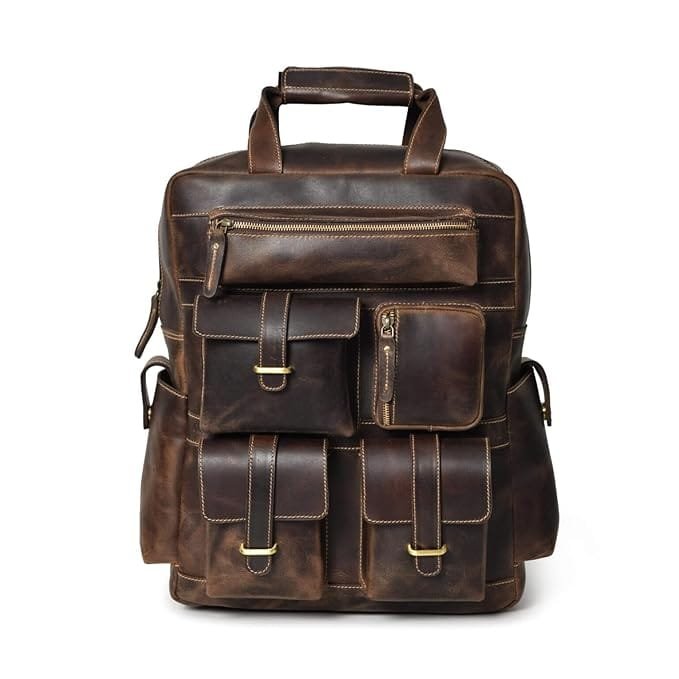 Leather Multiple Laptop 7 Pocket Backpack Brown
