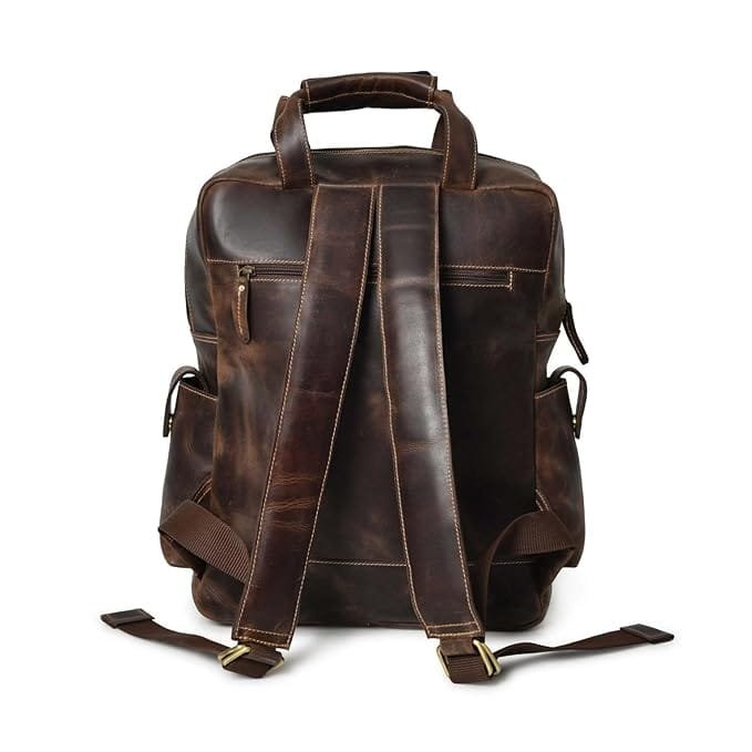 Leather Multiple Laptop 7 Pocket Backpack Brown