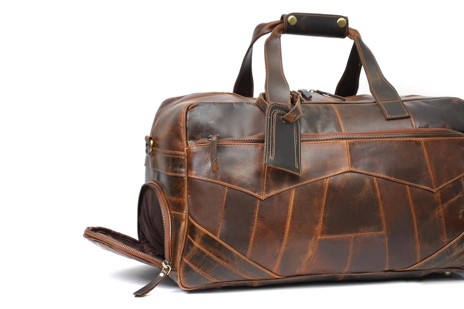 Leather Travel Duffle Bag with Shoe Pockets Brown