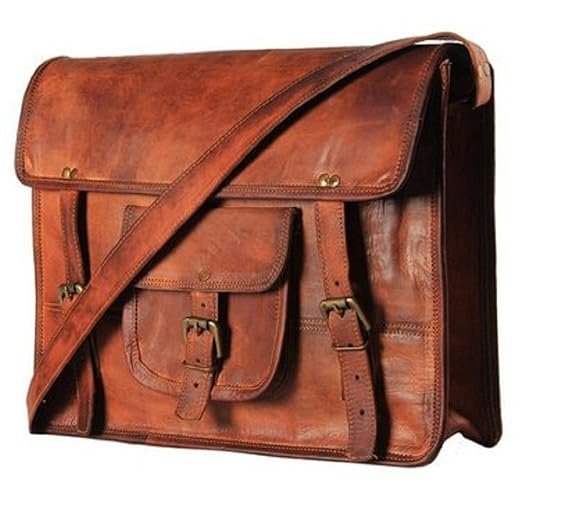 A brown leather laptop messenger bag with a shoulder strap and multiple compartments, featuring a vintage design.