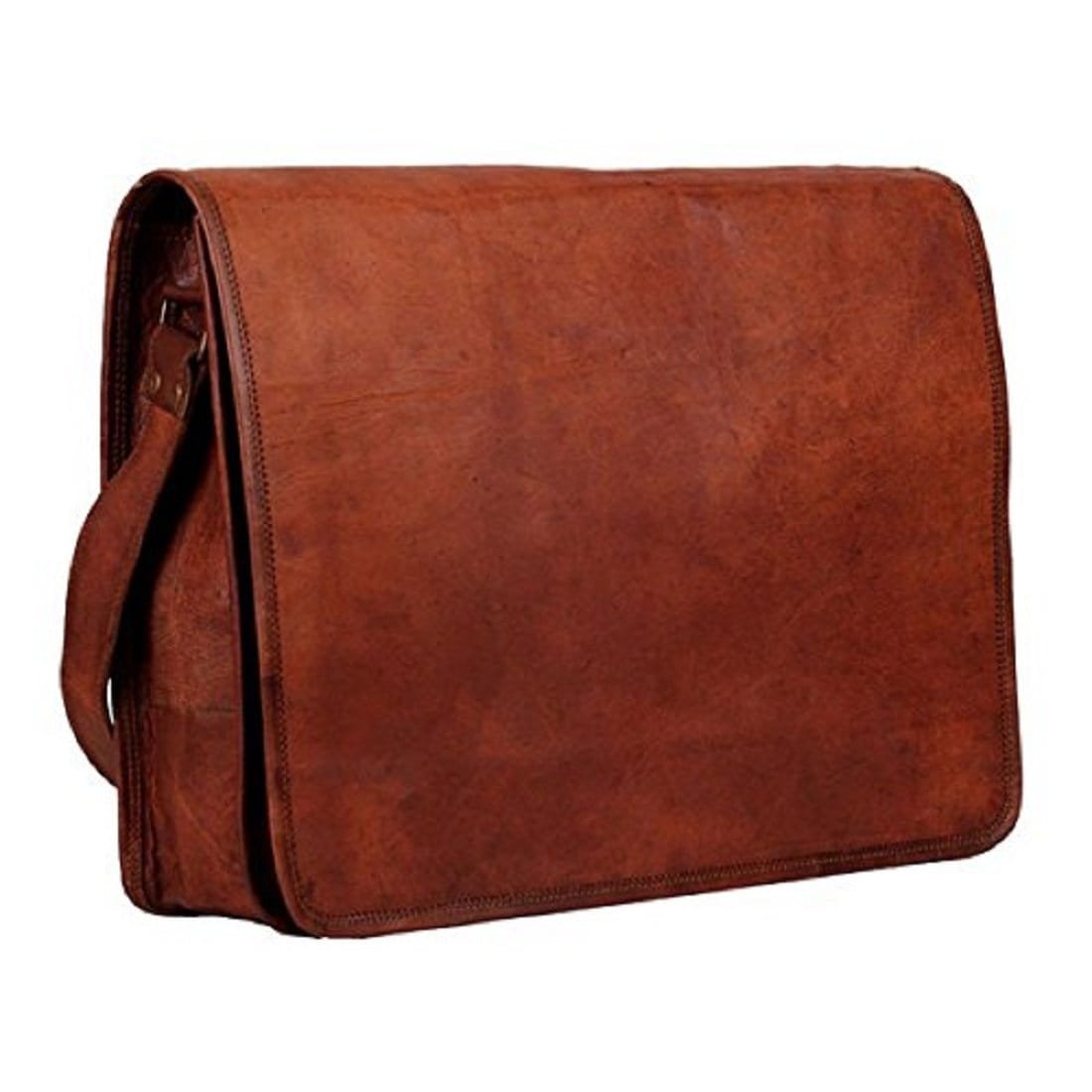 A brown pure leather office laptop bag with a full flap closure.