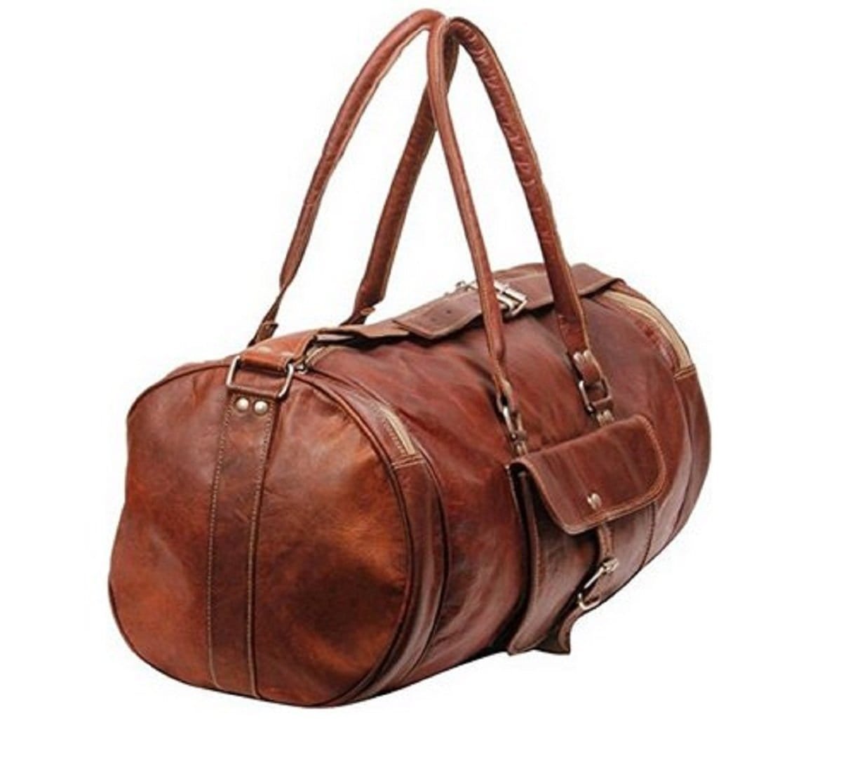 A vintage brown, oblong-shaped leather duffle bag with two handles and a shoulder strap.