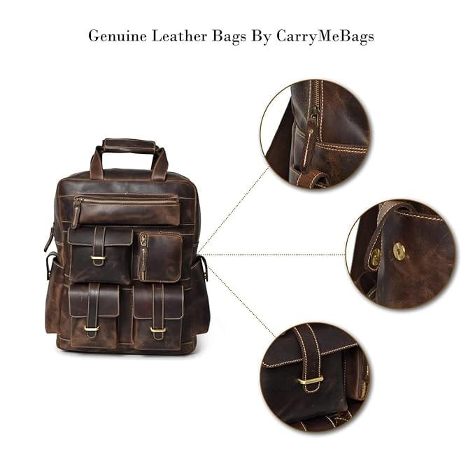 Leather Multiple Laptop 7 Pocket Backpack Brown