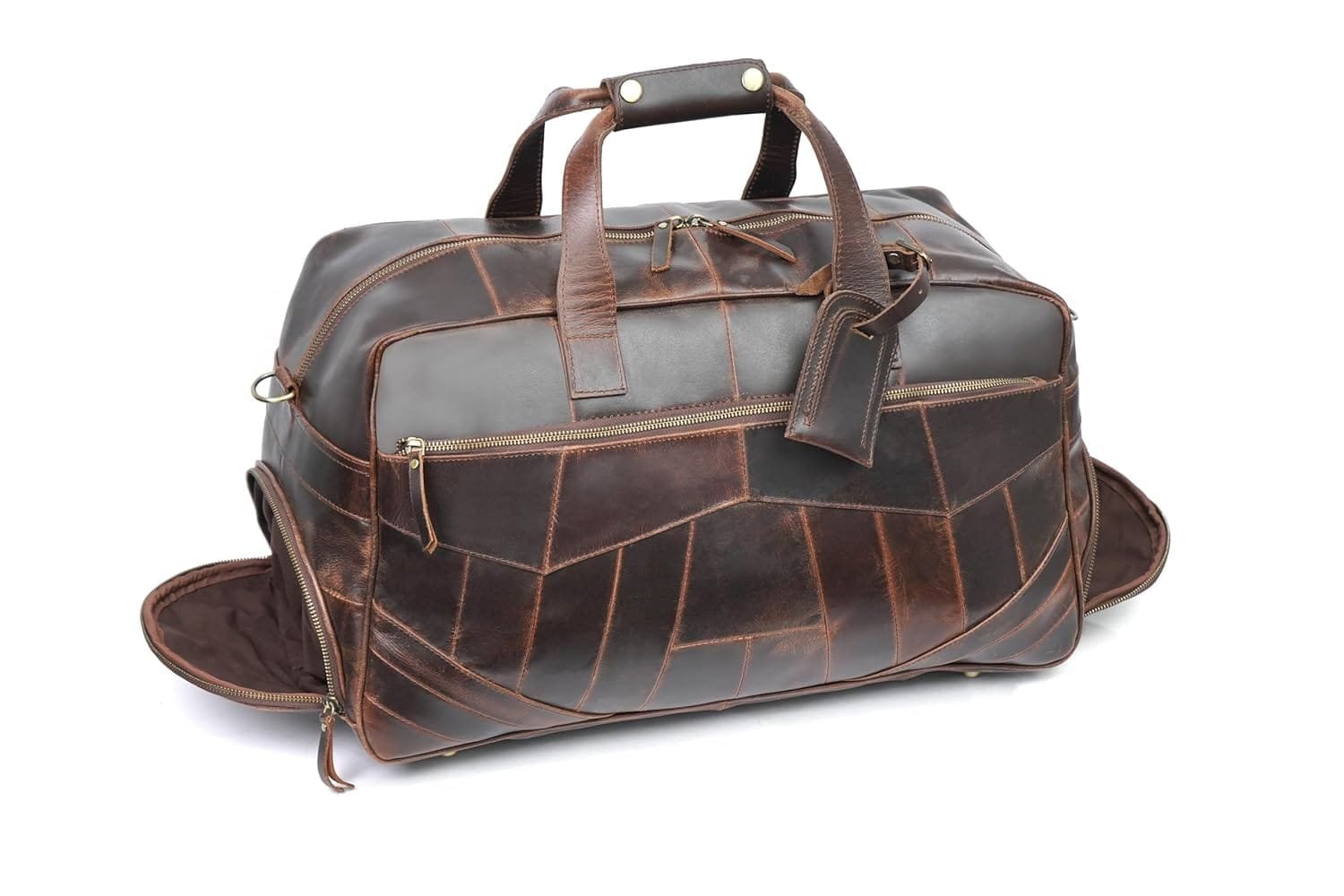 Designer Walnut Brown Leather Duffle Bag with Shoe Pockets
