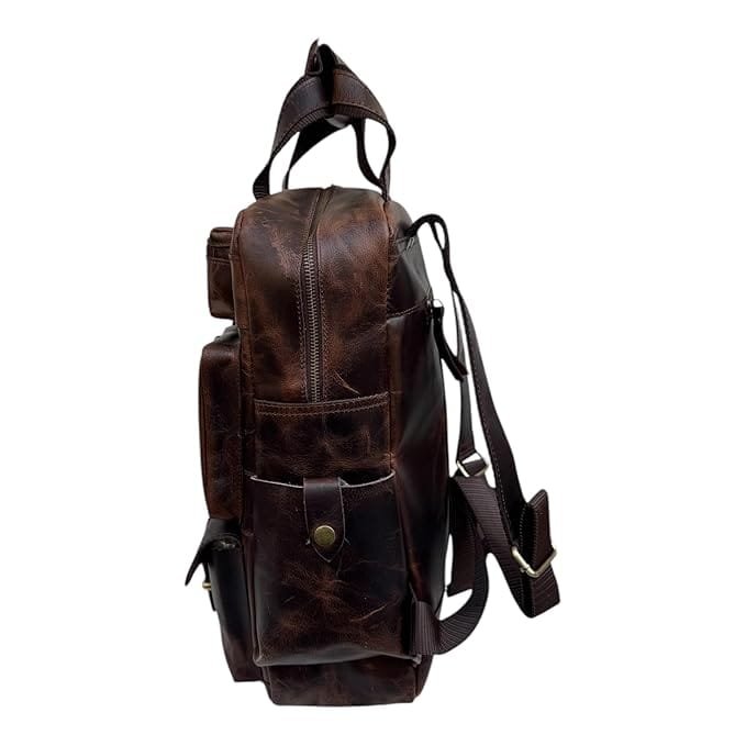 Leather Multiple Laptop 7 Pocket Backpack Brown