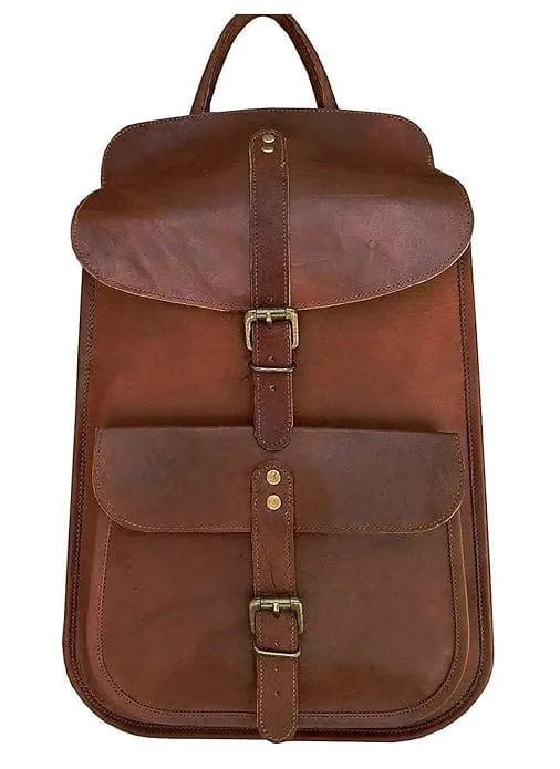 A brown Pure leather vintage unisex backpack with adjustable straps and buckle closure.