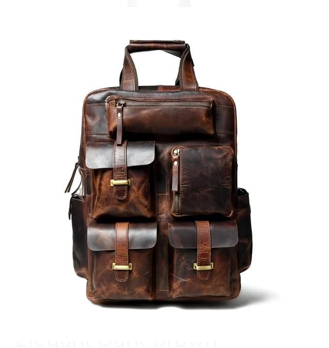 Leather Multiple Laptop 7 Pocket Backpack Brown