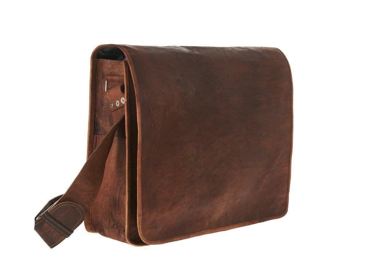 A brown leather office laptop bag with a shoulder strap and a front flap closure.