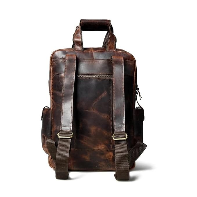 Leather Multiple Laptop 7 Pocket Backpack Brown