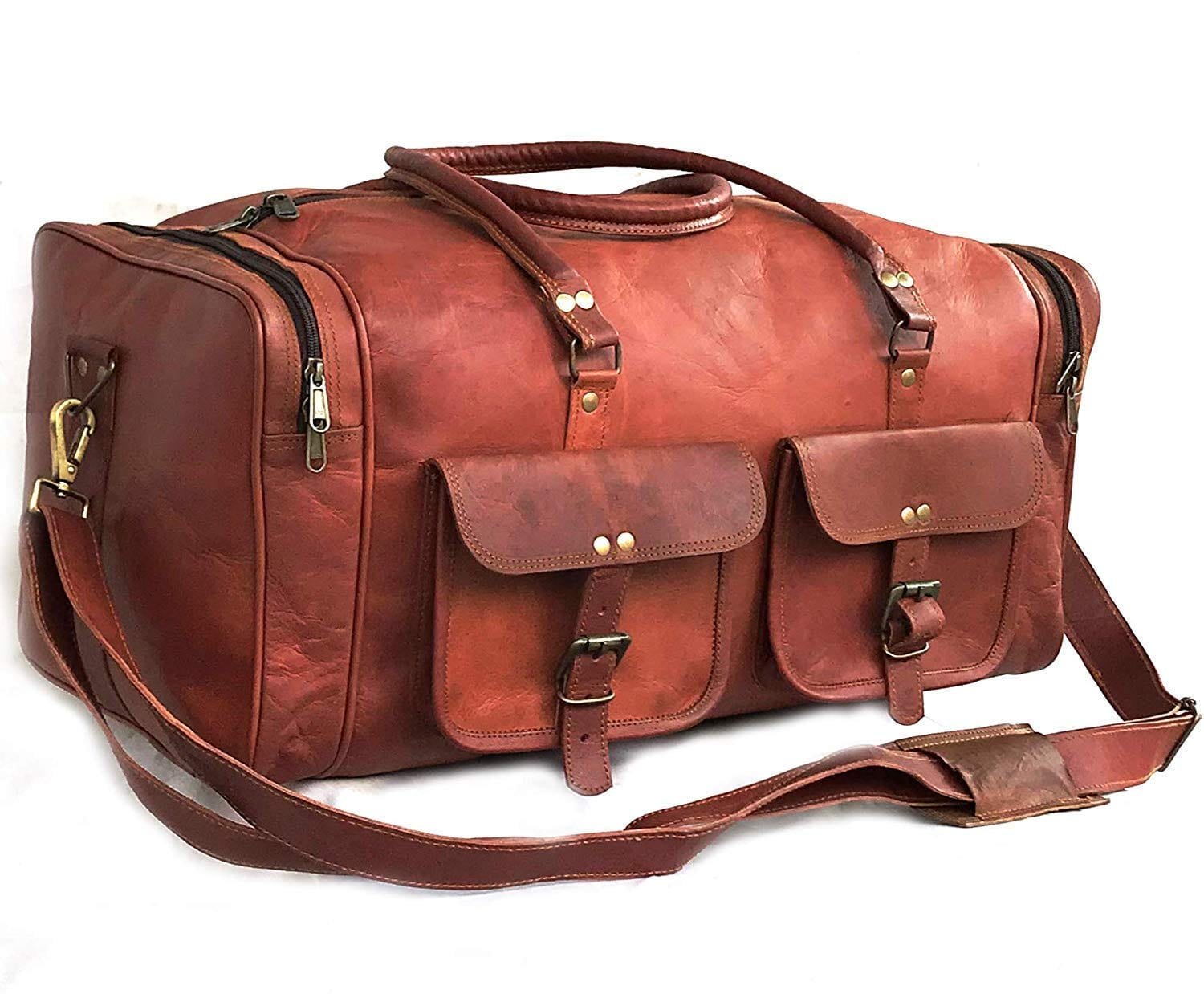 A vintage-inspired brown genuine leather duffle bag with shoulder strap and multiple compartments.