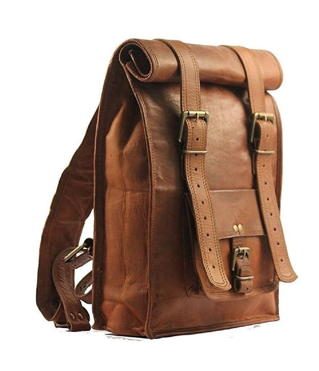 A tan brown leather roll-top backpack with adjustable shoulder strap and buckle closures