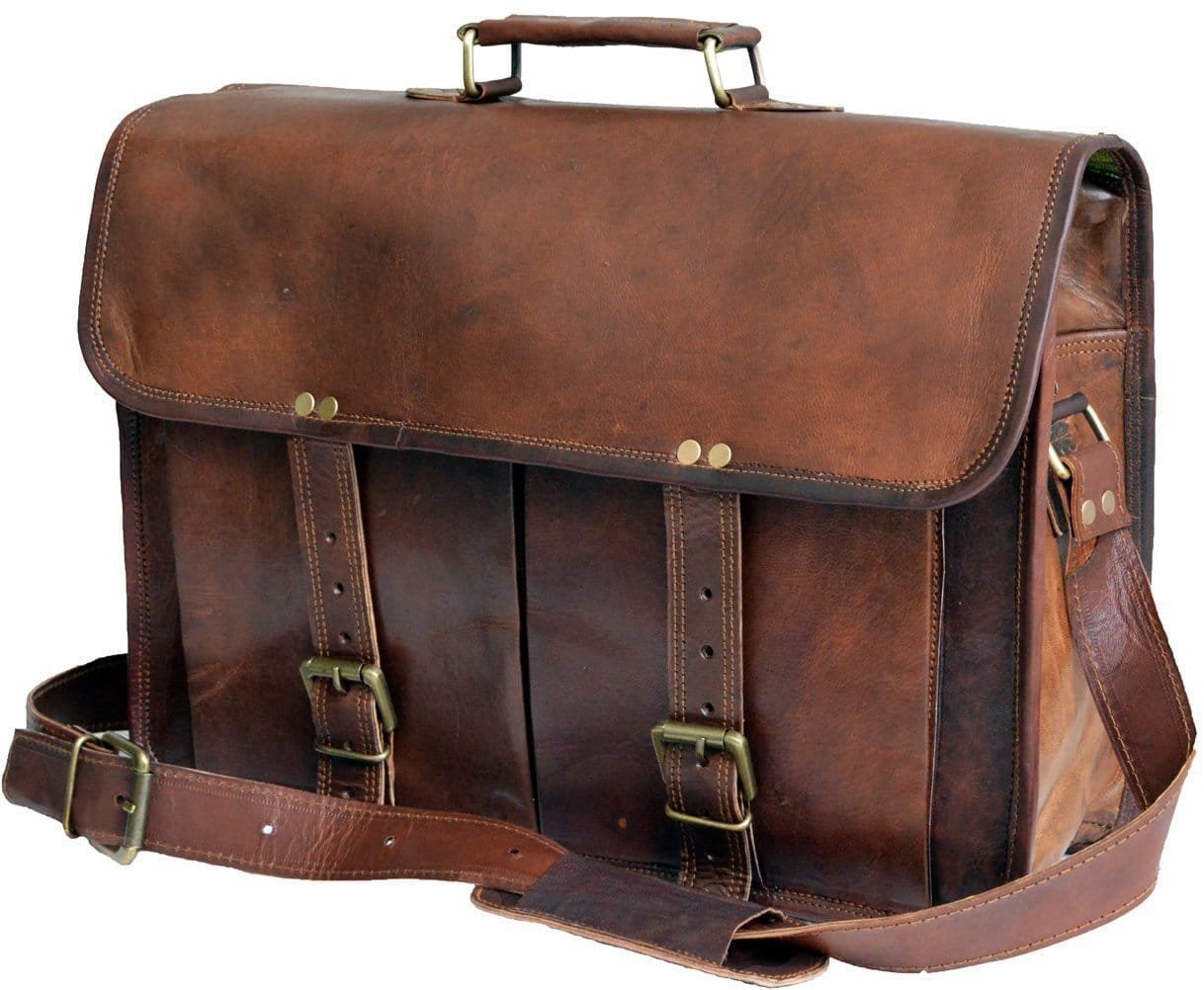 A brown vintage leather office laptop bag with twin pockets and a shoulder strap.