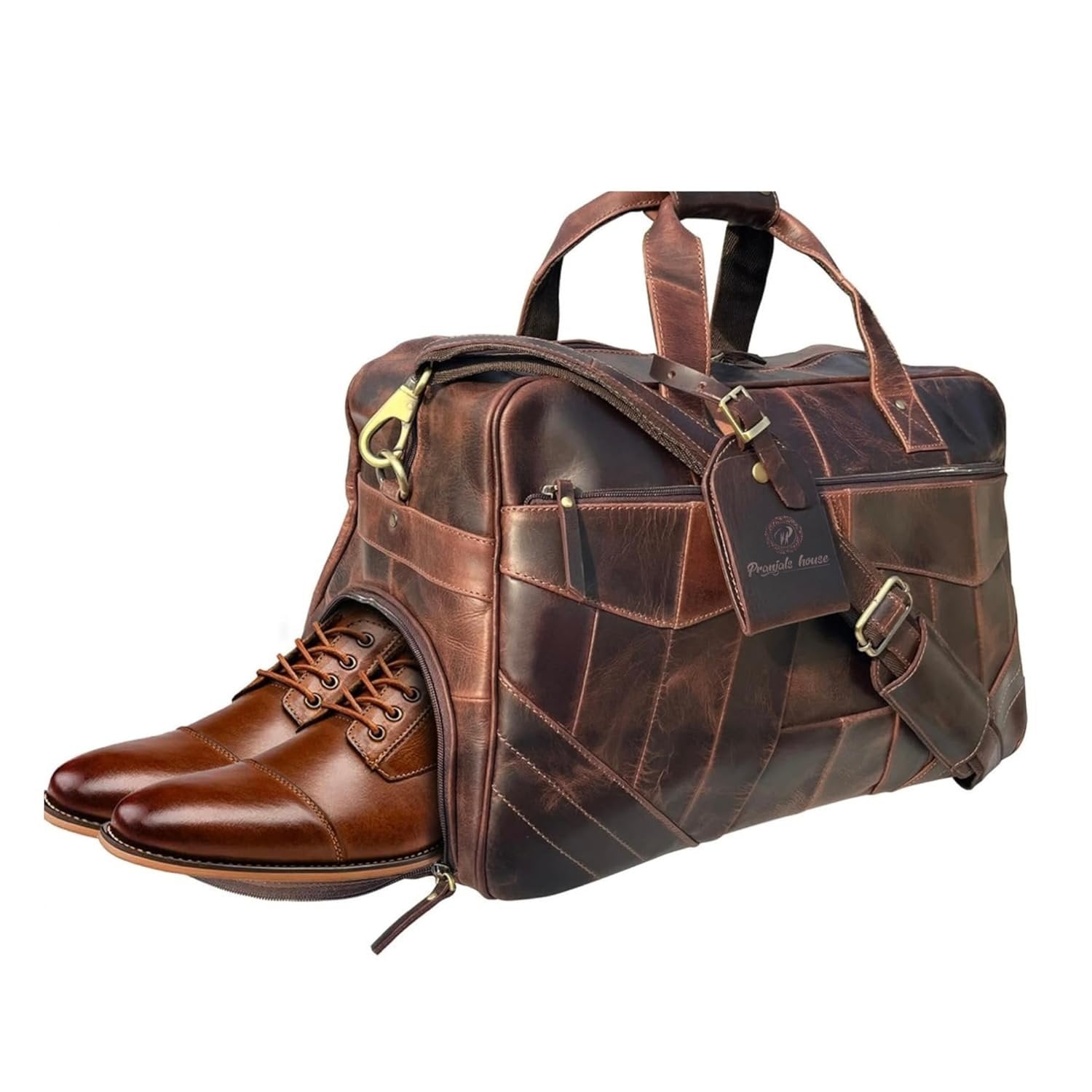 Leather Travel Duffle Bag with Shoe Pockets