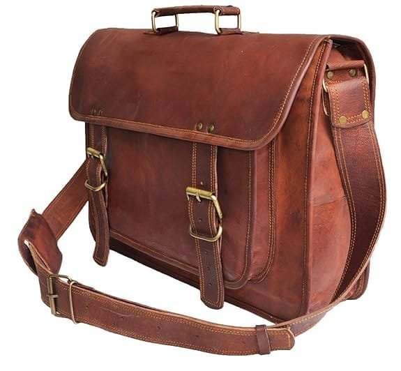 A brown Pure leather office laptop bag with a shoulder strap and metal buckles.